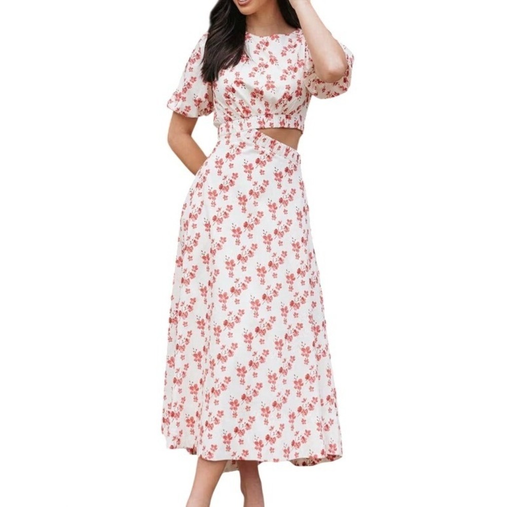 Petal + Pup Aminah Puff Sleeve Dress Womens S Red Floral Cutout Maxi Cottagecore